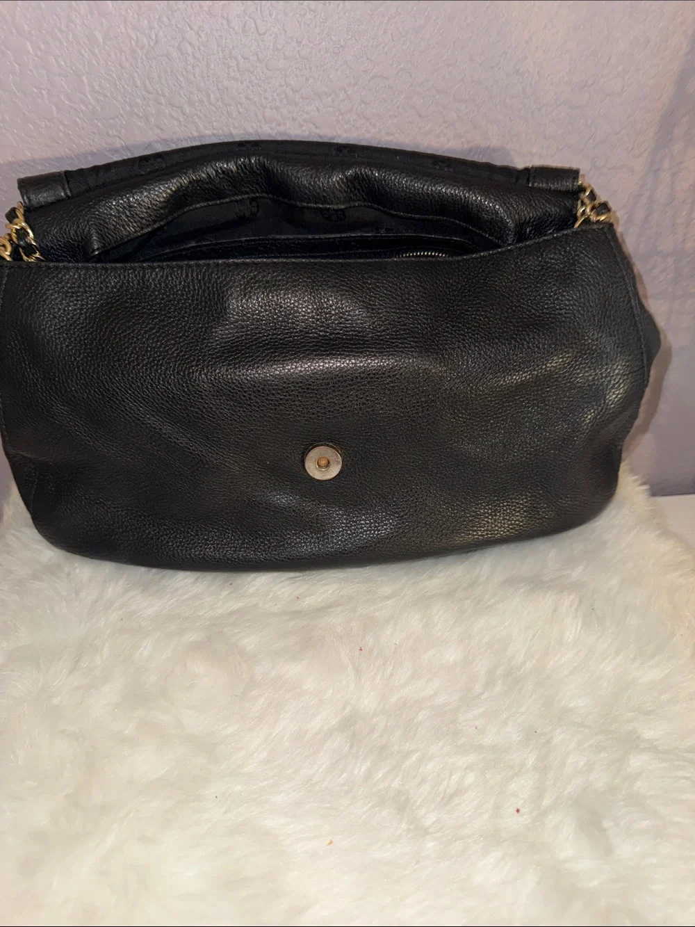 Tory Burch Black Leather Whipstitch Flap Crossbody with Gold Chain
